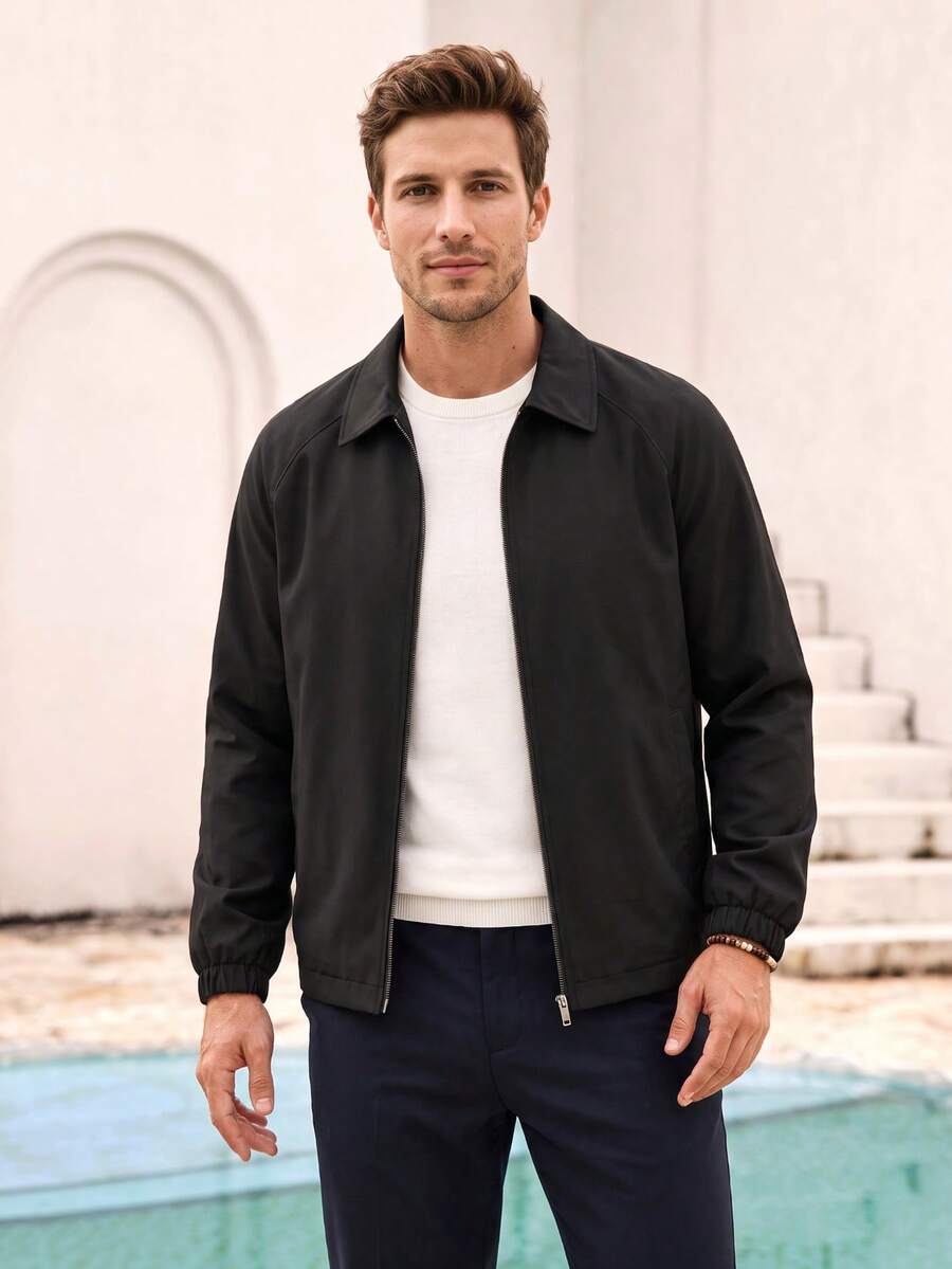 Mercer Haus Men's Solid Color Zipper Placket Long Sleeve Fashion Versatile Jacket - Black - View 1