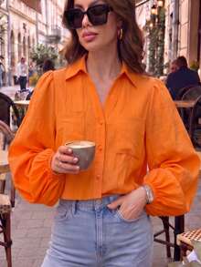 Plus Size Women's Bright Orange Blouse, Loose Fit Puff Lantern Sleeve Double Pocket Lapel Semi-Sheer Sun Protection Commuter Versatile Top - Orange - View 7