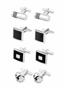 1/4 Pair Men's Classic Tone Cufflinks, Silver Black Striped Round/Square/Rectangular Cufflinks, Shirt Suit Cufflinks For Men - Silver Black - View 8