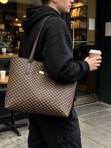 Men's Vintage Checkered Tote Bag Large Capacity Business Briefcase Shoulder Bag Multifunctional Work Office Laptop Handbag For Daily Commute Travel - Brown - View 5