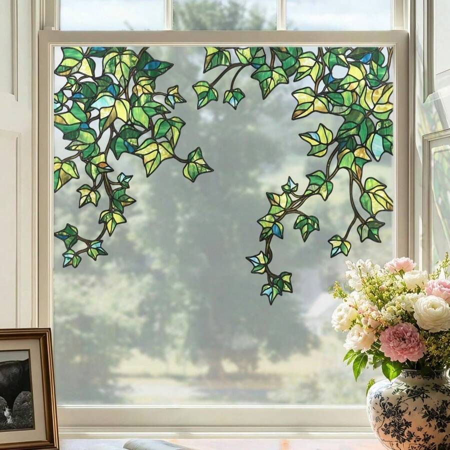 1 Set Painted Glass Ivy Window Sticker, Double-Sided Printed Evergreen Green Leaf Plant Decor, Glue-Free Static Cling Reusable PVC Sticker, Suitable For Kitchen Sink, Bathroom Mirror, Home Office Window, Bedroom, Balcony Anti-Collision Glass Door, Apartment Tenant Elegant Aesthetic Art Decoration - one-size - View 1