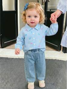2pcs Baby Girl Casual Colorful Bow Print Striped Long Sleeve Cuffed Shirt & Back Pocket Embroidered Denim Pants Set, Thin For Spring/Autumn - Blue and White - View 2