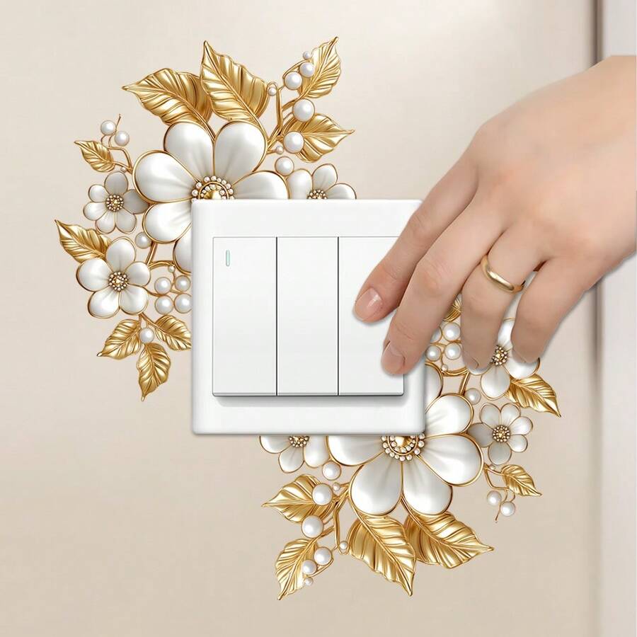 1pc Luxury Gold Flower Pearl Switch Sticker, Gold Leaf White Flower Socket Decorative Sticker - Multicolor - View 1