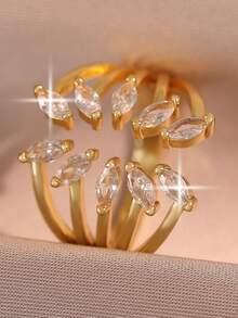1pc Luxury Sparkling Multi‑Layer Cubic Zirconia Open Ring, Marquise Cut Adjustable Statement Ring For Women, Party Evening Jewelry Gift - Yellow Gold - View 6