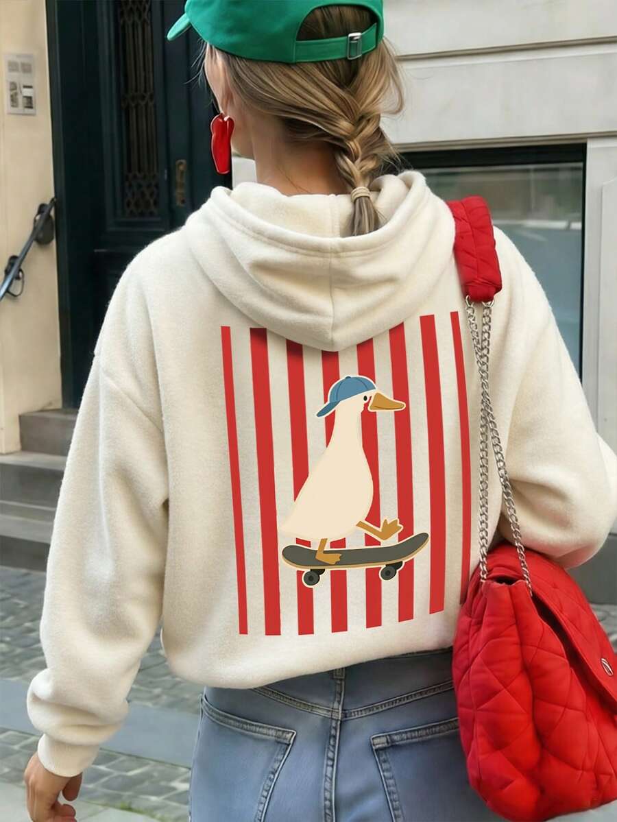 Sweatshirt Wanita dengan Tali Serut, Gambar Botol Jus Jeruk Lucu dengan Teks Jepang di Bagian Belakang, Sweatshirt Longgar dan Kasual Lembut untuk Musim Gugur/Dingin - Aprikot - View 1