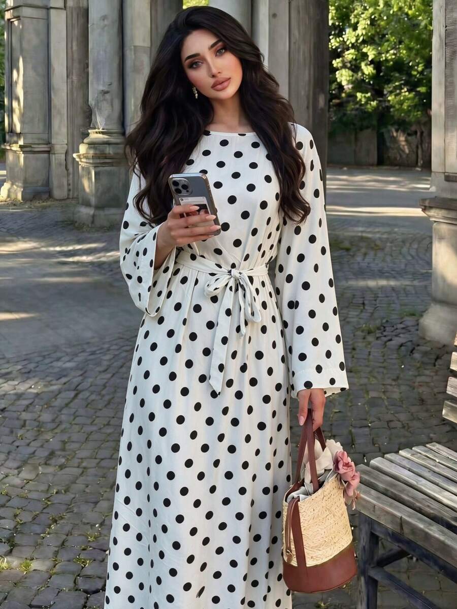 Polka Dot Long Dress With Flared Sleeves And Waist Tie Abaya, Suitable For Daily Wear - Multicolor - View 1
