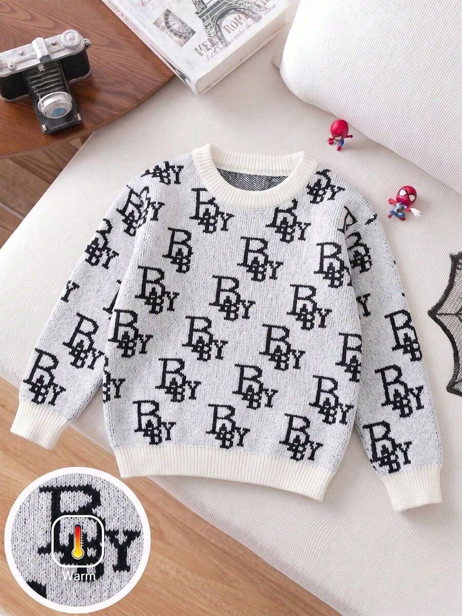 Boys' & Teens' All-Over Letter Print Crew Neck Sweater, Spring/Autumn Black & White Contrast Knit Pullover, Versatile Inner Layer Top For Big Kids - White - View 1