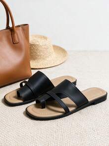 French Minimalist Square Toe Flat Slide Sandals For Women, Vintage Soft Sole Slippers, Versatile Commute Vacation Casual Beach Wear - Black - View 6