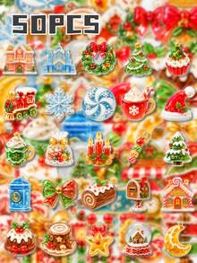 50Pcs Translucent Crystal Candy Christmas Stickers, Jelly‑Candy‑Style Christmas‑Themed Illustrations Mixed With Xmas Train, Candy Shop, Snowflake & Snow Globe Elements, For Journal Collage, Laptop Shell, Gift Wrapping, Photo Album, Locker Decor - Multicolor - View 8