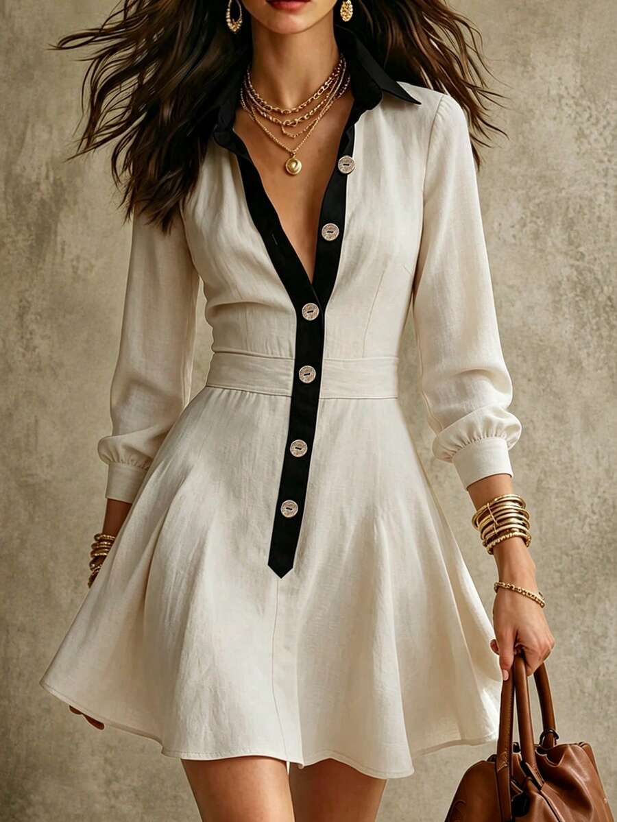 EARO Women's Vintage A-Line Short Dress, Long Sleeve Lapel Contrast Color Button Front, Casual Elegant Dress - Apricot - View 1