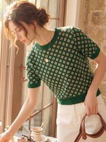 Knit Mix 優雅女款秋冬時尚日常居家休閒通勤氣質法式風針織短袖圓領寬鬆套頭T恤上衣 - 綠色 - 查看 4