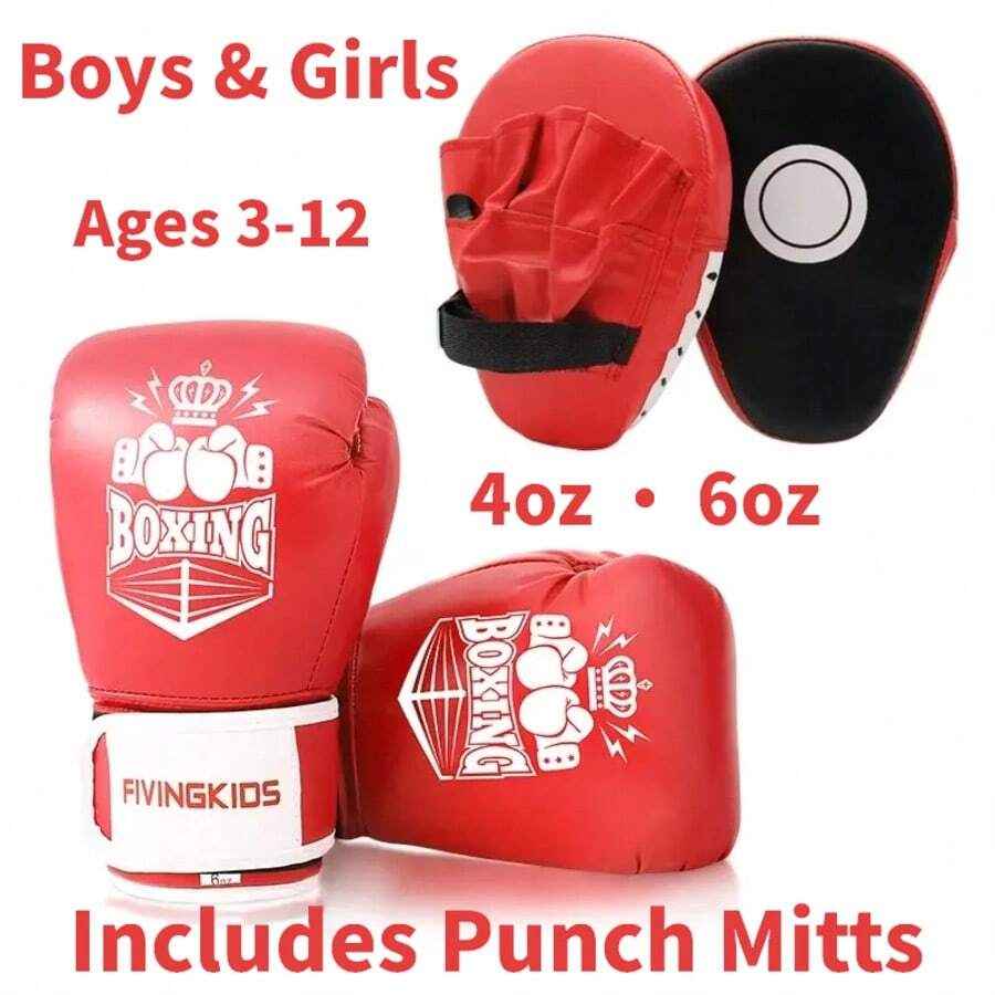 FIVING Kids Boxing Gloves & Punch Mitts 4oz 6oz, Youth Sparring Kickboxing Training Set For Boys Girls, Children Boxing Equipment Birthday Gift For Home Gym Practice - Multicolor - View 1