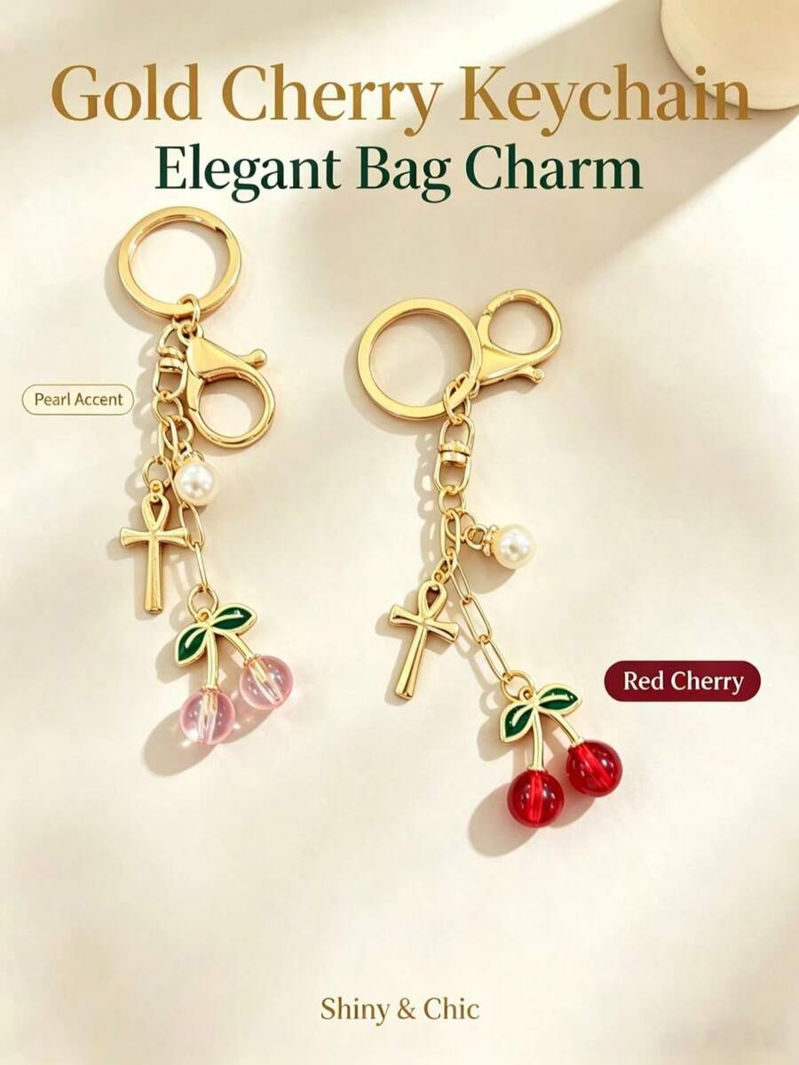 Cherry Pearl Anka Cross Keychain, Niche Exquisite Bag Charm, Portable Accessory, French Cherry Pendant Key Chain, Faux Pearl Cross Pendant, Girl's Backpack Decoration - Cherry Pearl Cross - View 1