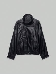 ACKCER Women's Black Asymmetric Placket Stand Collar Drop Shoulder Elastic Ribbed Hem Loose Motorcycle Jacket, Autumn/Winter - Black - View 2