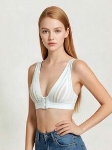 1pc Women's Lace Patchwork Front Closure Wireless Push-Up Bra - White - View 4