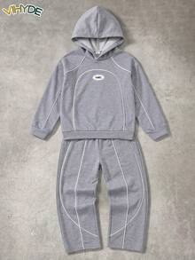 Vihyde Tween Boys American Street Style Denim Trim Double Layer Hooded Sweatshirt & Wide Leg Pants Casual Sports Two Pieces Set Fall Outfits - Grey - View 4
