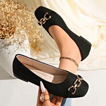 Women's Square Toe Flat Slip-On Shoes With Metal Chain Decor, Soft Sole Commuter Shoes - Black - View 9
