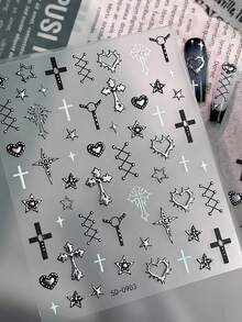 1pc 5D Embossed Black Straps Nail Art Stickers Silver Rivets Crosses Thorns Hearts Dark Nail Decals Circular Strap Star Gothic Manicure Decoration - Multicolor - View 9