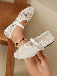 White Mesh Mary Jane Flats, Hollow Out Breathable Buckle Strap Slip-On Shoes For Women - White - View 4