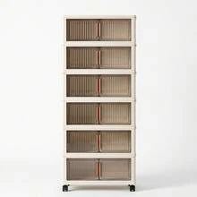 Armário Organizador Multiuso Dobrável 6 Camadas, Largura 48cm Branco Creme, Portas Semitransparentes Fumê à Prova de Poeira, Travas Laterais Empilháveis, Rodinhas 360° com Trava, Organizador Doméstico para Roupas, Brinquedos, Cosméticos, Livros, Utensílios, Quarto, Cozinha e Sala  L - Bege - Visão 10