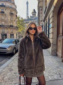Women's Brown Faux Fur Stand Collar Jacket, Front Zipper With Buckle Decor, Long Sleeve Warm Winter Coat - Brown - View 2