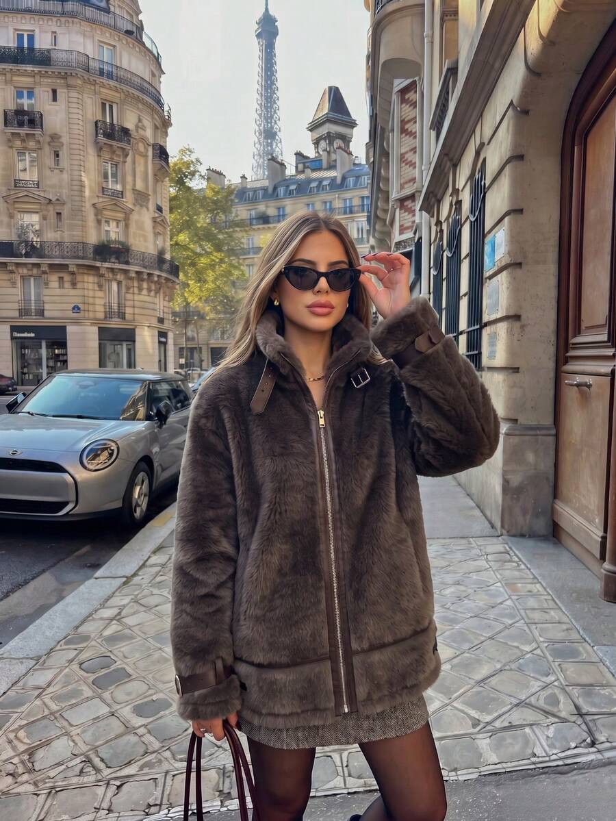 Women's Brown Faux Fur Stand Collar Jacket, Front Zipper With Buckle Decor, Long Sleeve Warm Winter Coat