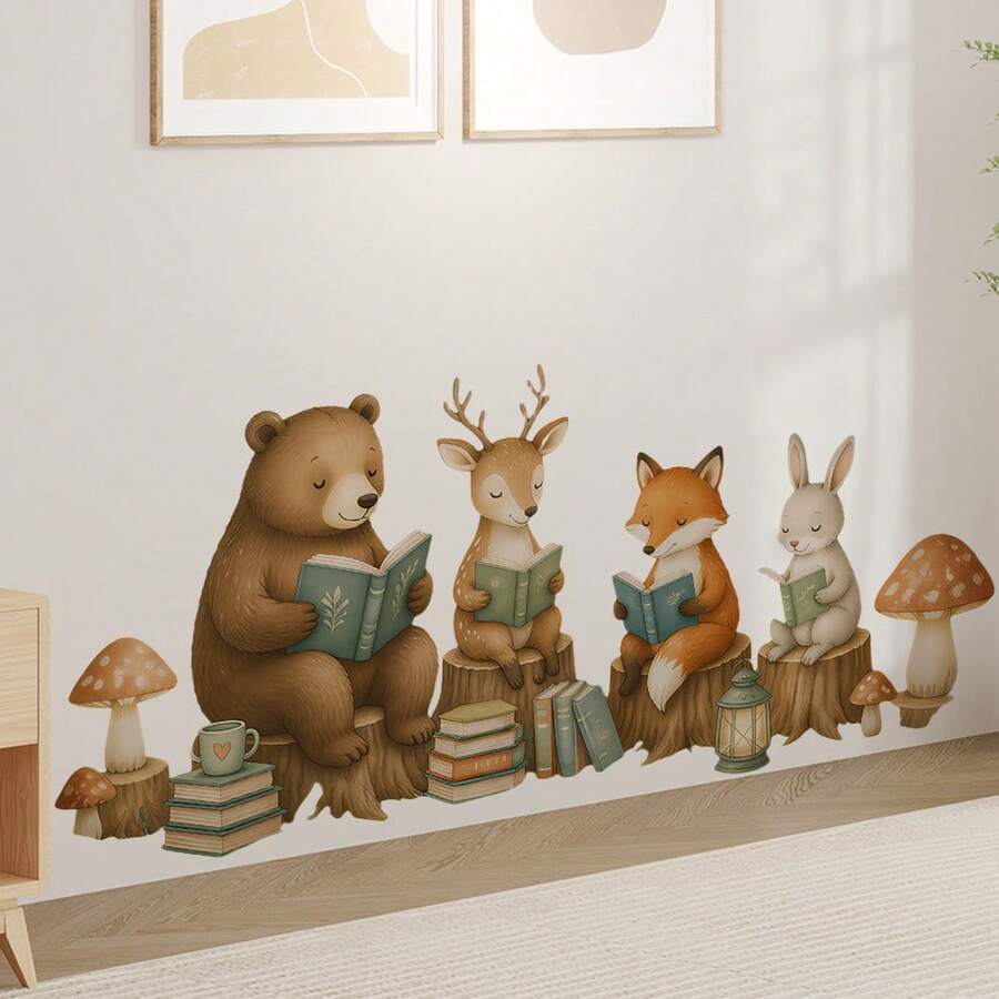 1pc 2D Forest Animal Reading Wall Sticker, Self-Adhesive Decorative Sticker For Reading Corner - Multicolor - View 1