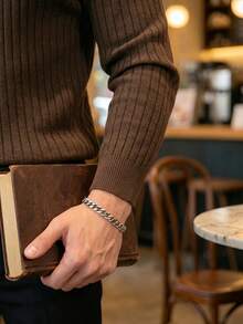 ALTZTAR Men's Loose Fit Thin Long Sleeve Striped Knit Polo Shirt, Minimalist & Fashionable, Suitable For Daily Commute In Spring/Autumn - Coffee Brown - View 2