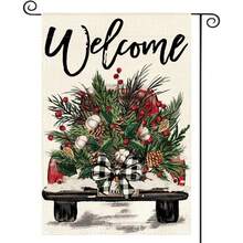 1pc Christmas Garden Flag, Watercolor Pine Tree Snowflake Merry Christmas Print Yard Flag, Winter Outdoor Home Decor - Red Vintage Truck - View 1