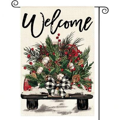 1pc Christmas Garden Flag, Watercolor Pine Tree Snowflake Merry Christmas Print Yard Flag, Winter Outdoor Home Decor