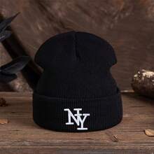 1pc NY Letter Embroidered Knit Beanie, Casual Solid Color Rolled Edge Skull Cap, Soft & Warm Winter Hat For Men And Women, Daily Streetwear - Multicolor - View 3