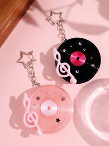 Harajuku Y2K Vintage Black & Pink Round Earphone Case Keychain, Music Film Note Earphone Storage Portable Cordless Organizer Box - Multicolor - View 4