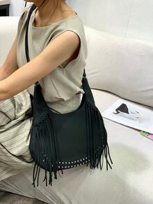 Women Hobo Crossbody Shoulder Bag,Curved Crescent Shape Suede Leather Fringe Tassel Silver Rivet,Adjustable Strap Bohemian Style Daily Travel - Multicolor - View 14