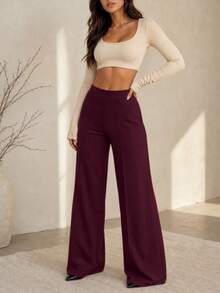 Plus Size Burgundy Multi-Purpose Commute Minimalist Solid Color Wide Leg Pants, Daily Wear - Burgundy - View 3