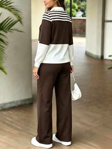 Women's Spring/Autumn New Fashion Colorblock Pullover Long Sleeve Top + High Waist Casual Versatile Straight Leg Pants 2-Piece Set - Dark Brown - View 6