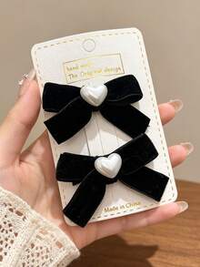 2pcs Vintage Burgundy Velvet Bow Hair Clips, Heart Pearl Decor Alligator Hair Clip Set, Sweet Style Side Hair Styling Hair Accessories - Multicolor - View 3