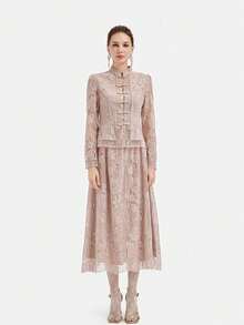 Rich Radi Q's Women's Elegant Lace Patchwork Long Sleeve 2 Pieces Set, Pink Stand Collar Top With Flowy Long Skirt - Pink - View 11