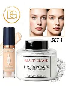 beauty glazed 2pcs/Set Makeup Set, Includes Liquid Foundation And Setting Powder - Long-Lasting Coverage, Luxury Matte Finish Powder Makeup Set, Oil Control, Lightweight Coverage, Waterproof Formula, Foundation Makeup, Buildable Coverage - BG Banana Powder 01+B232-101 - View 1