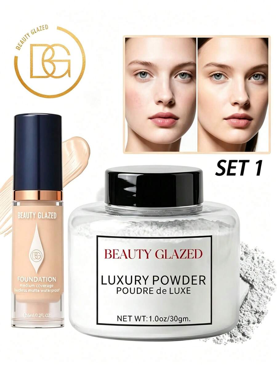 beauty glazed 2pcs/Set Makeup Set, Includes Liquid Foundation And Setting Powder - Long-Lasting Coverage, Luxury Matte Finish Powder Makeup Set, Oil Control, Lightweight Coverage, Waterproof Formula, Foundation Makeup, Buildable Coverage - BG Banana Powder 01+B232-101 - View 1