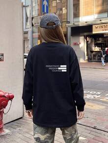 女款秋冬寬鬆極簡百搭字母印花長袖T恤 - 黑色 - 查看 5