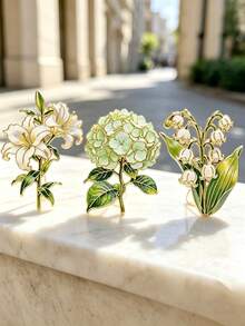 3pcs Fresh Light Green Floral Brooch Set, Lily Hydrangea Lily Of The Valley Design, Versatile Lapel Accessory For Coat Scarf Backpack, Daily Date Gift Item - A - View 6