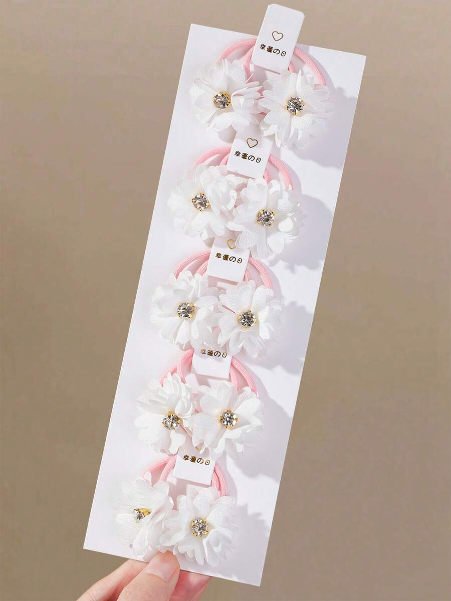 10pcs White Rhinestone Multi-Layer Flower Hair Ties For Girls, High Elasticity, Non-Damaging, Suitable For Bun And High Ponytail, Simple Basic Style For Daily Use - White - View 1