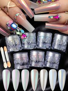 FULL BEAUTY Pó de Unha Aurora 7 Cores com Bastões de Esponja, Pó de Glitter de Unha com Efeito Espelho de Pérola Iridescente Sereia, Pigmento Cintilante Neon para Decoração de Unhas DIY com Gel, Suprimentos para Unhas - Multicolorido - Visão 10