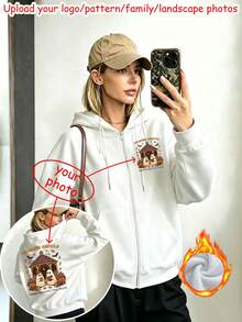 Personalized Custom Women's Autumn/Winter Hooded Jacket, Customizable Text, Images, LOGO And Photos (Family/Landscape/Pet/Friend/Pattern), Suitable For Party And Halloween/Valentine's Day/Christmas/Holiday Gifts, Design Your Own Apparel, Give Her A Unique Gift - White - View 1
