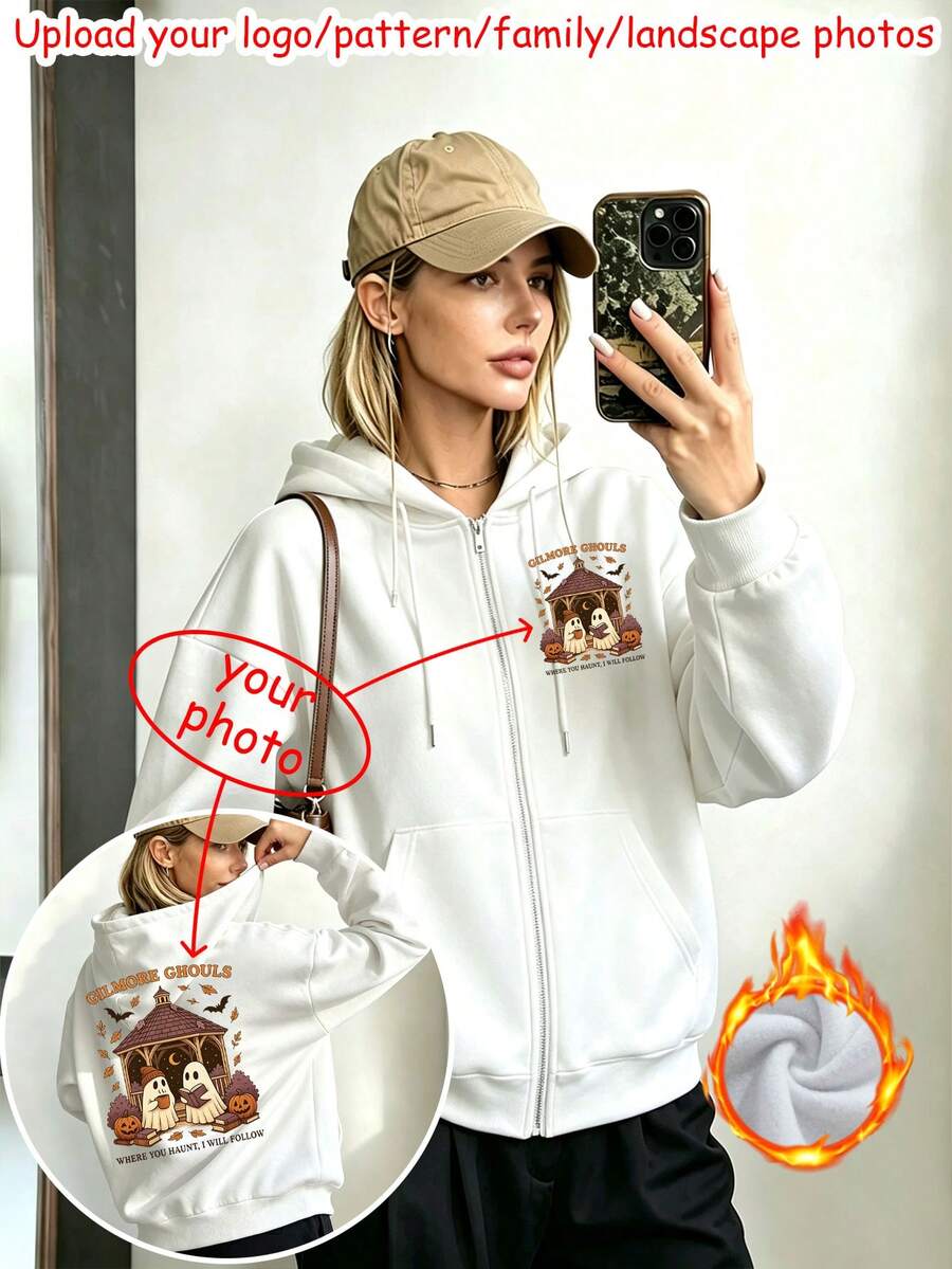 Personalized Custom Women's Autumn/Winter Hooded Jacket, Customizable Text, Images, LOGO And Photos (Family/Landscape/Pet/Friend/Pattern), Suitable For Party And Halloween/Valentine's Day/Christmas/Holiday Gifts, Design Your Own Apparel, Give Her A Unique Gift - White - View 1
