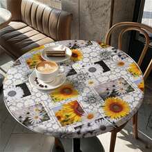 1pc Sunflower Illustration Round Tablecloth, Daily Tablecloth With Elastic Edge, Soft And Wrinkle-Resistant, Waterproof, Oil-Resistant And Scratch-Resistant, Suitable For Round Dining Table, Outdoor Restaurant Decoration And Outdoor Party, Kitchen, Baking, Outdoor Decoration, Outdoor Patio, Breakfast, Brunch And Party Decoration - Multicolor - View 7
