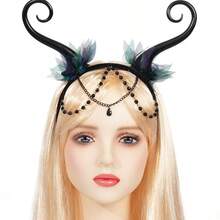1pc/Halloween Forest Elf Antenna Headband Black Curved Horn Mesh Flower Chain Pendant Headpiece Costume Party Cosplay Photo Shoot Accessory - Multicolor - View 3