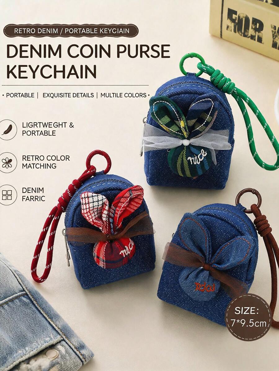 Cute Denim Rabbit Ear Mini Coin Purse, Vintage Zipper Small Wallet Keychain Bag Charm, Portable Earbud Storage Pouch With Lanyard Gift - Multicolor - View 1