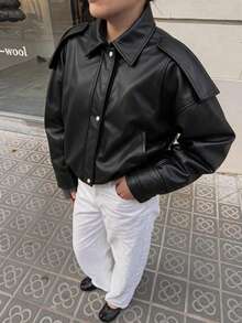 Women's Solid Color Drop Shoulder Long Sleeve Zipper Front Loose Casual Jacket - Black - View 1