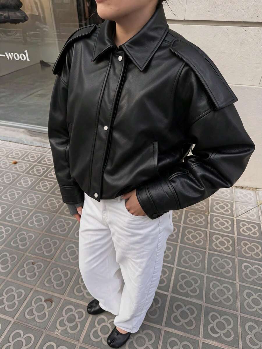 Women's Solid Color Drop Shoulder Long Sleeve Zipper Front Loose Casual Jacket - Black - View 1
